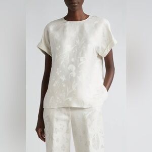 LAFAYETTE 148 FLORAL JACQUARD LINEN BLOUSE TOP FESTIVE HOLIDAY GIFT Off White S